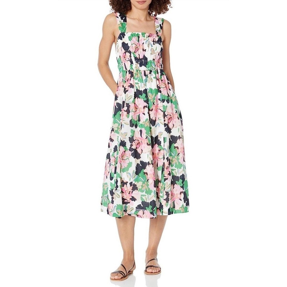 Tommy Hilfiger Isla Floral Smocked Midi Dress Pink Green Square Neck Size 8